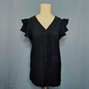 MEROKEETY Black Flutter Ruffle Sleeve V-Neck Blouse Top Size S